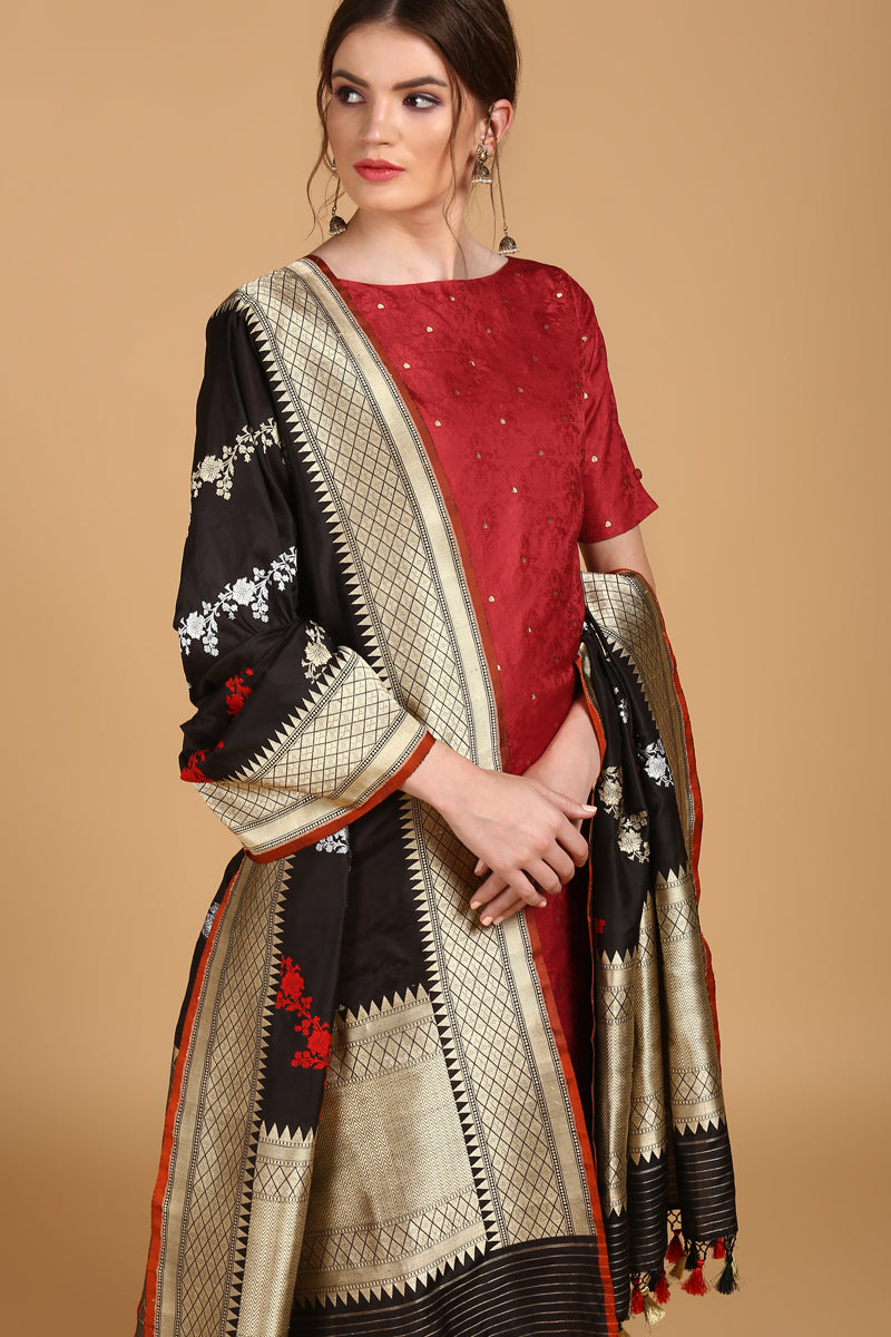 Black suit set with yellow dupatta by Ambraee | The Secret Label